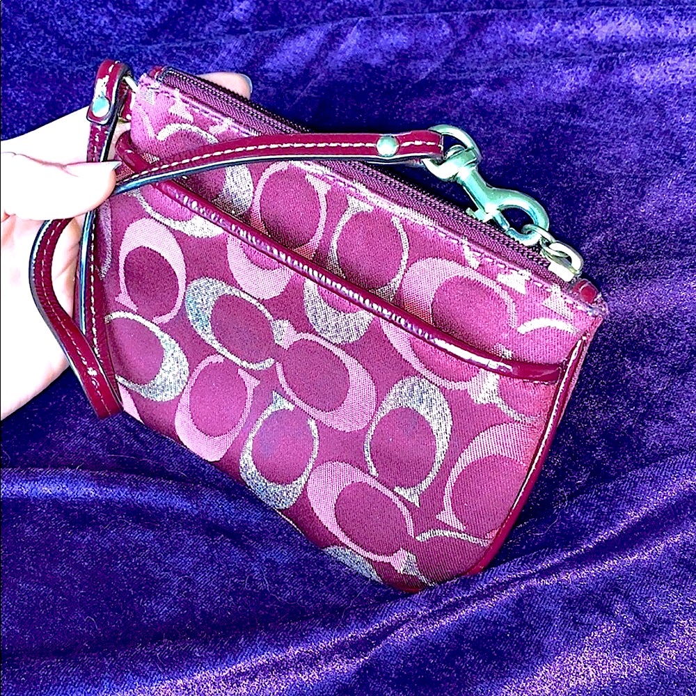 Coach wristlet burgundy and gold zipper clutch Women’s change purse with strap